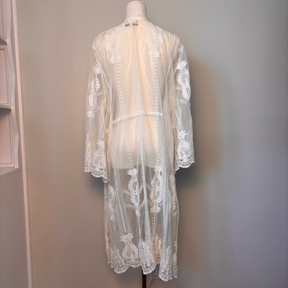 Artesian Boho Shear White Embroidered Lace Maxi Kimono 3/4 Flair Sleeve Sz XL - Picture 7 of 14
